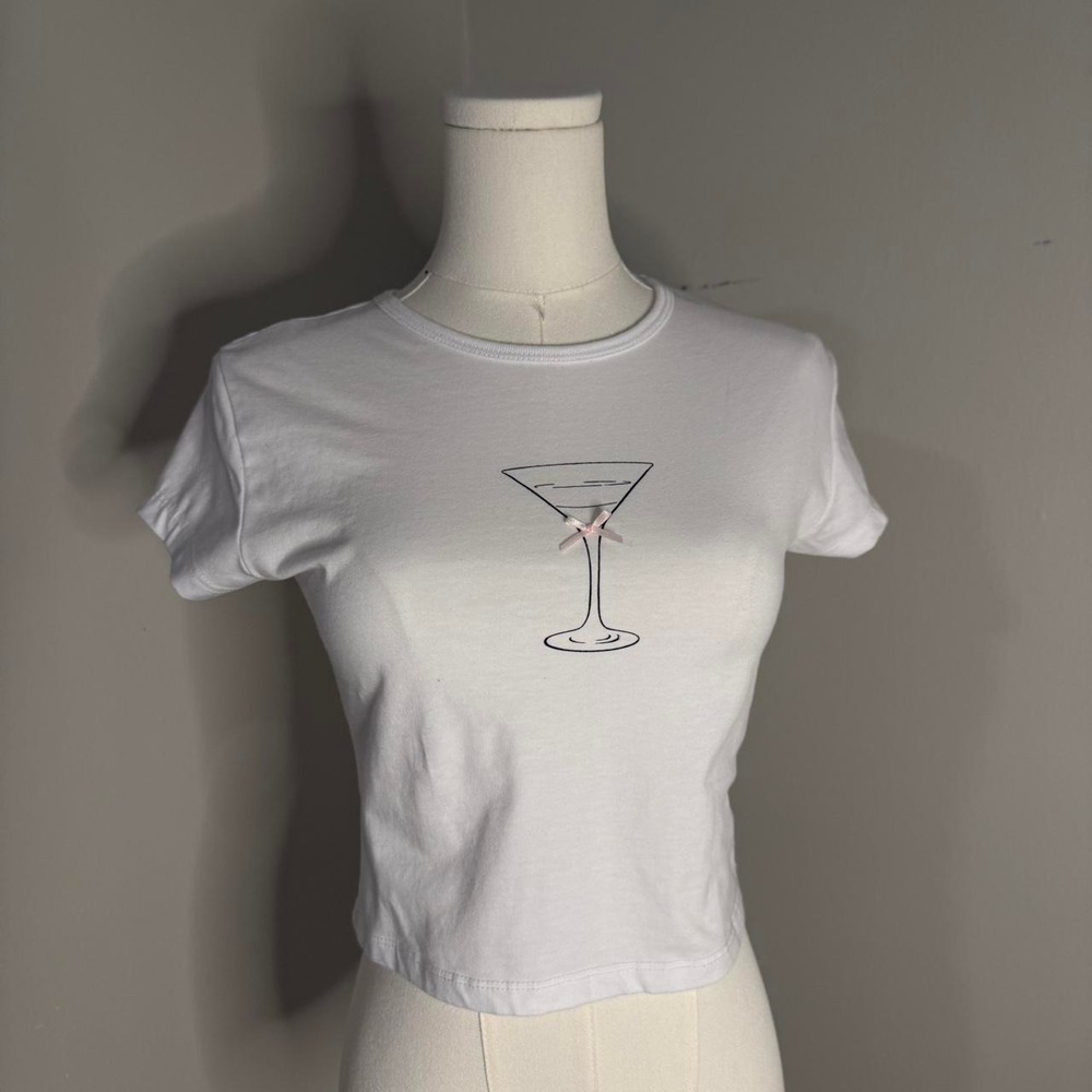 Orange Kiss White Cropped Baby Tee Martini Glass Graphic Bow Y2K Top Medium